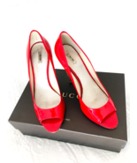 Luxe Genuine MIU MIU Red Patent Leather Wooden High Heels Open Toe 8.5 I... - £197.51 GBP