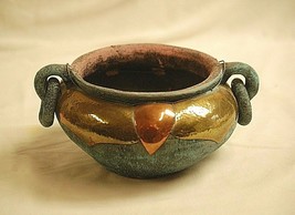 Old Vintage Ceramic Art Pottery Handled Pot w Copper &amp; Brass Metal Accents - £23.79 GBP