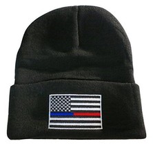 8&quot; Red Blue Line USA American Flag Embroidered Black Beanie Skullie Skul... - £12.63 GBP