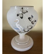 Vtg Bristol Hand Painted  Opaline Frost Glass Vase Bird Heron Egret Wate... - €18,05 EUR