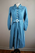 Vtg Handmade 38&quot; S Blue Polka Dot Long Sleeve Belted Midi Dress - £47.56 GBP