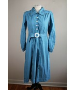 Vtg Handmade 38&quot; S Blue Polka Dot Long Sleeve Belted Midi Dress - $60.80