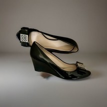 Coach Gretchen Black Patent  Leather Silver Logo Bow Wedge Heel Peep Toe Sz 7.5 - $34.65