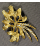 Vintage Pin-Brooch Leaf &amp; Ribbons Yellow Gold Plated 26 Rhinestones 2.75&quot;. - $8.77