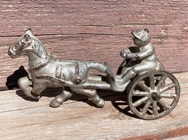 Antique Cast Iron Horse &amp; Jockey Sulky Toy Painted as is  - $19.75