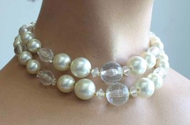 Elegant Faux Pearl, Faceted Clear Acrylic &amp; Glass 2-strand Necklace 1960s vint. - £11.67 GBP
