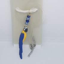 Necklace 2&quot; Painted Blue Parrot Charm Blue Silver Beads White Ribbon Cord - £11.73 GBP
