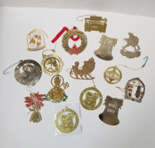 14 Flat Brass Ornaments Christmas Gold Tone Bell Angel Trolley St Patrick Lot - £11.19 GBP