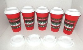 5 Starbucks Christmas Holiday Merry Coffee Reusable Hot Cups Lids 2013 Red 16 oz - £39.16 GBP
