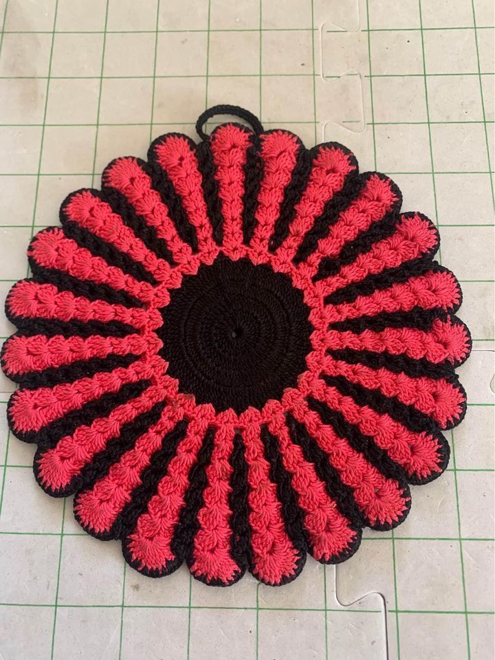 Vintage red &amp; black hand crocheted potholder - $7.60