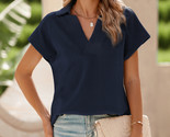 Navy Blue Textured V Neck Collared Slit Hem T Shirt - $21.47