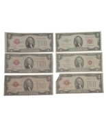 Lot of 5 1928 and 1 1953 $2 Dollar Bills Red Seal - 2 Uncirculated  - $98.99