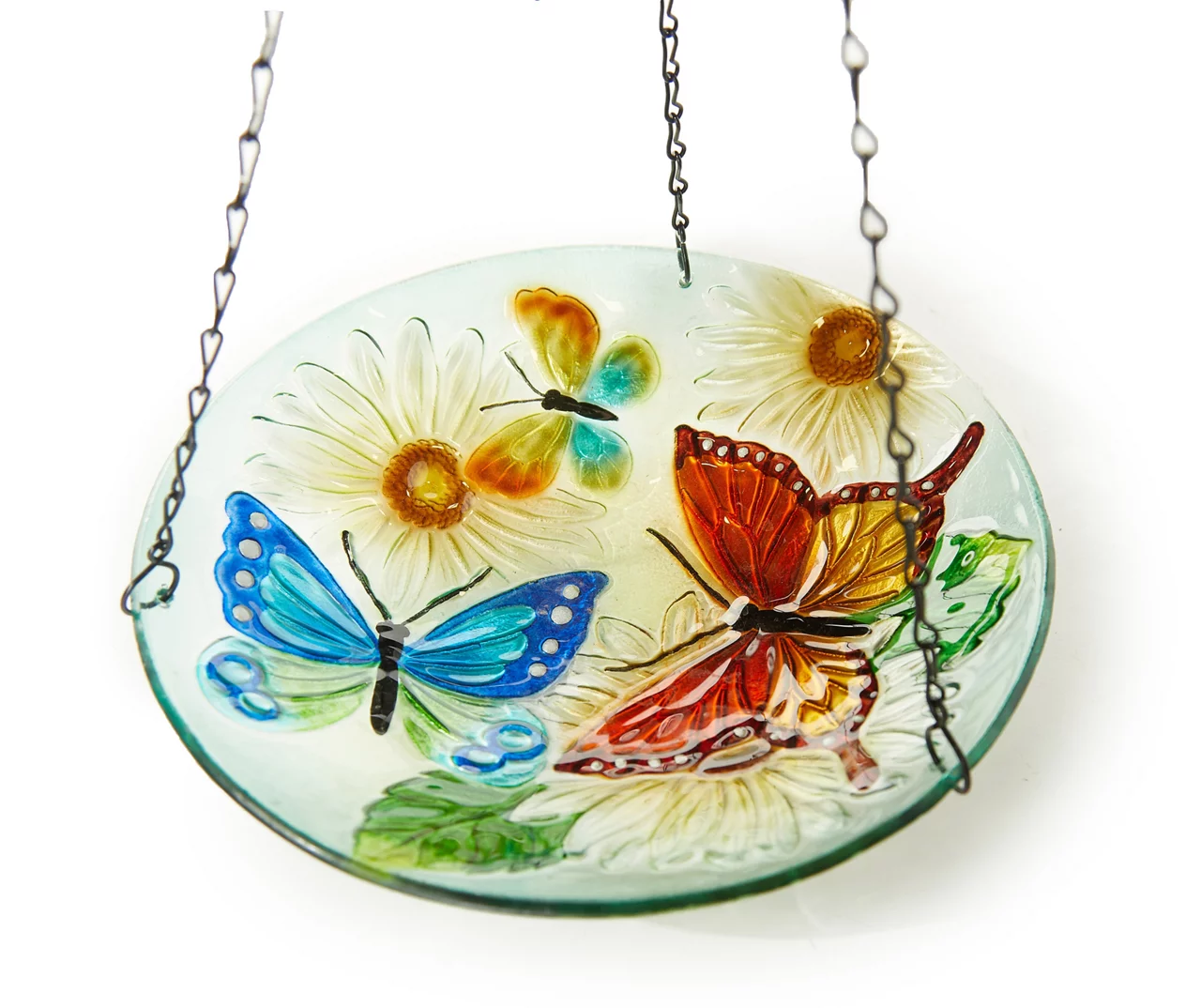 NEW Decorative Floral Glass Butterfly Hanging Bird Bath 10.7 inch diamet... - $11.95