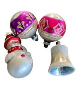 Blown Glass Christmas Ornament Lot Of 4 Glitter Balls Snowman Bell Vintage - $342.60 MXN