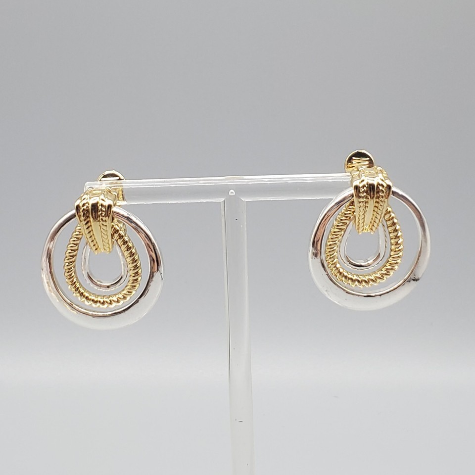 Vintage HMN Clip On Earrings Two Tone Concentric Ovals Rope Twist - $19.99