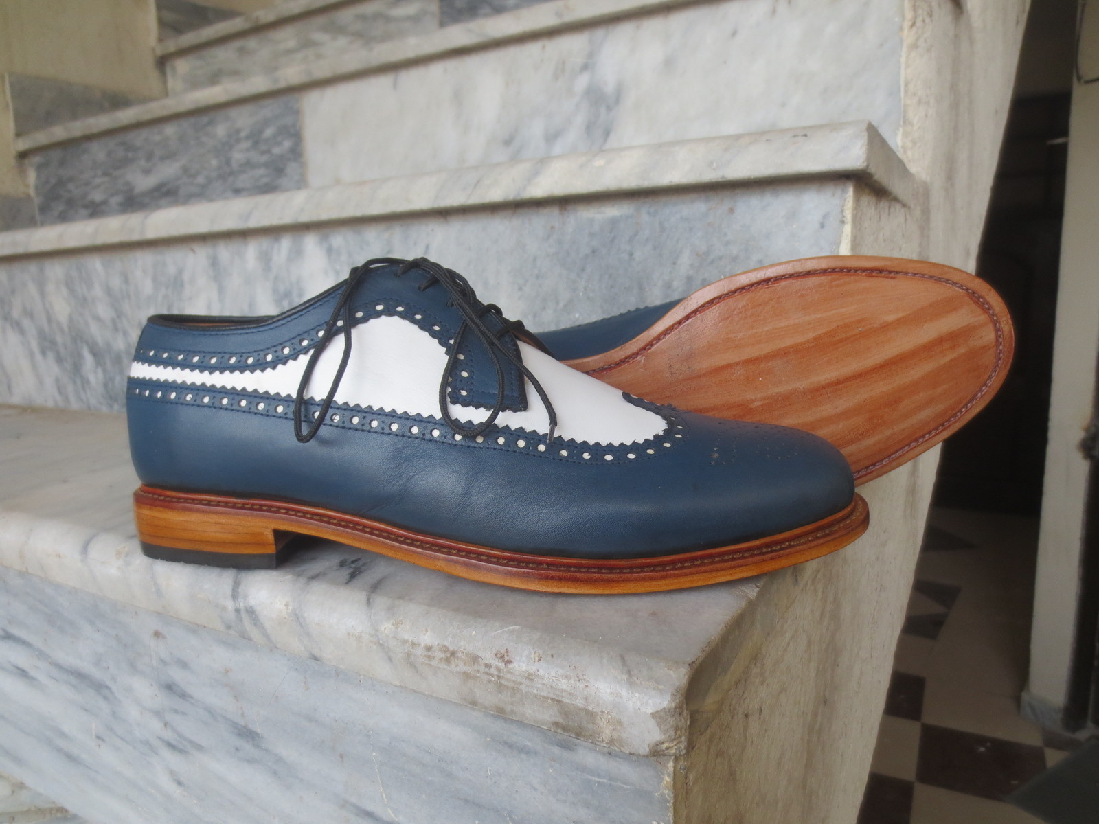 Men’s Handmade White & Navy Color Leather Shoes, Wing Tip Brogue Dress Formal