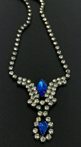 Vintage 1940&#39;s Blue &amp; Clear Cluster Rhinestone 11&quot; drop Chain Necklace - $49.95