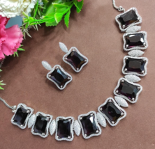 Bollywood Style Indian Black Stone Silver Plated CZ Necklace Choker Jewelry Set - £75.05 GBP