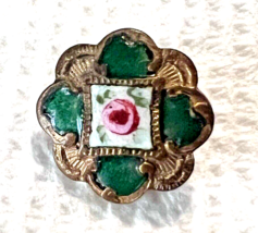 Victorian Pink Rose Green Floral Enamel Button 1/2&quot; Colorful Scalloped Edge - £19.08 GBP