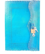 10&quot; Leather Journal with Lock Writing Pad Blank Notebook Handmade Turquoise - $58.11 CAD