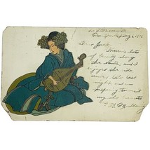 Antique 1906 Postcard Young Japanese Woman Playing Lute Trenton NJ Postmark - £5.18 GBP