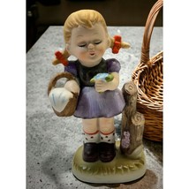 Vintage Ceramic Little Girl Holding Flower with Picnic Basket 6&quot; Tall Figurine - £13.27 GBP