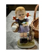 Vintage Ceramic Little Girl Holding Flower with Picnic Basket 6&quot; Tall Fi... - £13.36 GBP