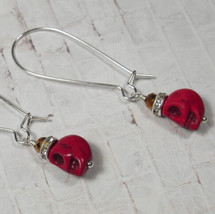 Howlite Skull Crystal Rhinestone Drop Pierced Earrings Handmade Red New - £7.90 GBP