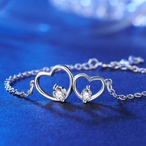 6&quot; Adjustable Double Heart Bridesmaid Wedding 925 Sterling Silver Bracelet - £54.66 GBP