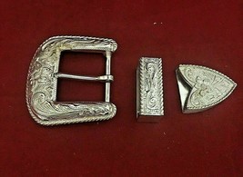 Vintage cowboy belt 3pcs silver plate buckle engraved flower design  1 ½... - $21.77