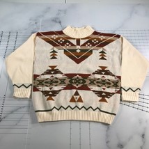 Vintage Aztec Southwestern Sweater Mens Medium Ivory Brown Green Beige Thick - £18.35 GBP