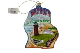 Michigan Shaped Blown Glass 4.5&quot; Holiday Ornament Bridge Lighthouse Car ... - $362.18 MXN