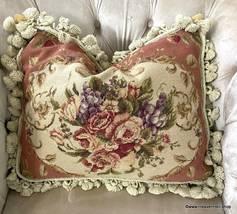 14&quot; x 18&quot; Vintage Aubusson Throw Pillow Needlepoint Petite Point Pillow with Fri - £102.87 GBP