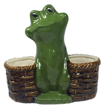 Vintage Retro Green Frog &amp; Brown Baskets Double Ceramic Planter - £26.17 GBP