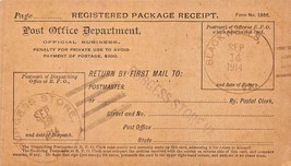 BLACKWELLS VIRGINIA PSTMK~U S POSTAL REGISTERED PACKAGE RECEIPT CARD 1914 - £3.00 GBP