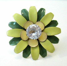 Green Flower Power RING Enamel Over Metal Adjustable Daisy Rhinestone Center Mod - £10.45 GBP