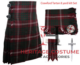 Men Traditional Scottish KILT Crawford Tartan 8 yard kilt Fly plaid &amp; Pin Brooch - £70.88 GBP+