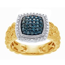 0.40ct Azul Imitación Racimo de Diamantes Oro Amarillo Chapado Anillo Plata Ley - £181.77 GBP
