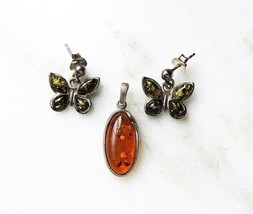 Vintage .925 Amber Sterling Silver Necklace Pendant &amp; Butterfly Earrings C2393 - £42.60 GBP