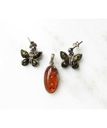 Vintage .925 Amber Sterling Silver Necklace Pendant &amp; Butterfly Earrings... - £44.63 GBP