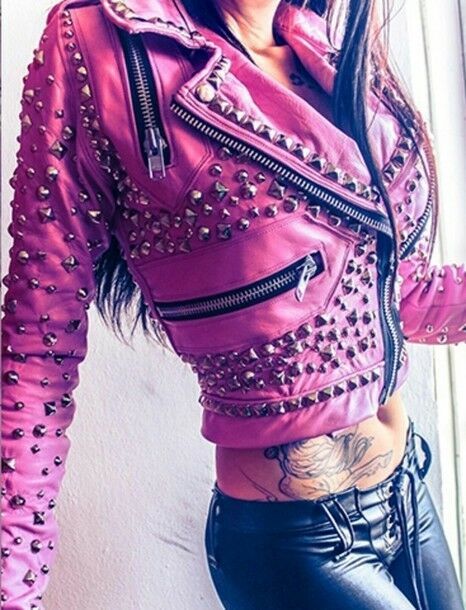 Women's Pink Color Biker Slim Fit Genuine Leather Silver Studded Cropped Jacket