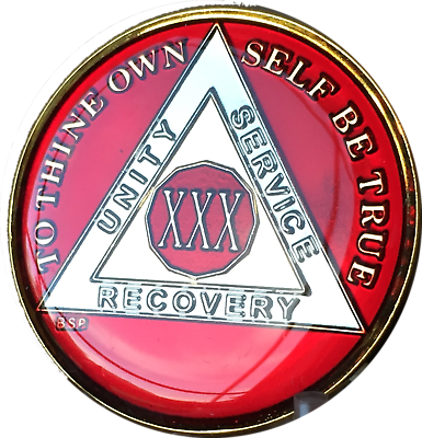 30 Year Mandarin Red AA Medallion Alcoholics Anonymous Chip Gold Tri-Plate