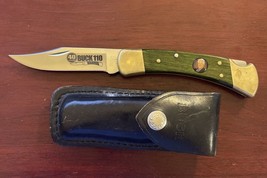 Very Rare Green 40 Years Buck 110 Folding Hunter Knife W/ Photo Emblem & Sheath - $340.95