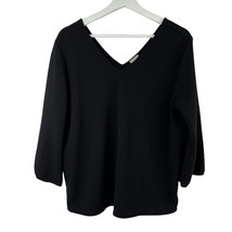 Chico&#39;s Size 2 US L 12 Bow Back Top Black V-Neck Stretchy Elastic Cuff Blouse - $27.09