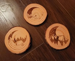 Camping Under the Moon Mtn Laser Engraved Wood 3pc Coaster Set Rustic Wood Slice - £11.98 GBP