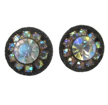 Vintage Aurora Borealis Rhinestone Rivoli Earrings Round Clip on AB Blac... - £14.71 GBP