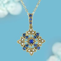 Natural Blue Sapphire and Pearl Vintage Style Bloom Pendant in Solid 9K Gold - £511.30 GBP