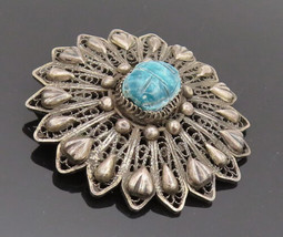 MIDDLE EAST 925 Silver - Vintage Carved Scarab Floral Brooch Pin - BP10307 - £144.72 GBP