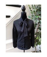 H&amp;M Women&#39;s Size 2 Black Sheer Dot Button Blouse Bow Neck Long Sleeve Top - $36.55 CAD