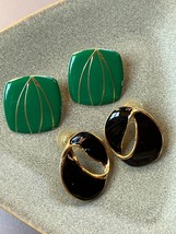 Lot of Green Rounded Squares &amp; Black Enamel Open Oval Goldtone Post Earrings for - £10.31 GBP